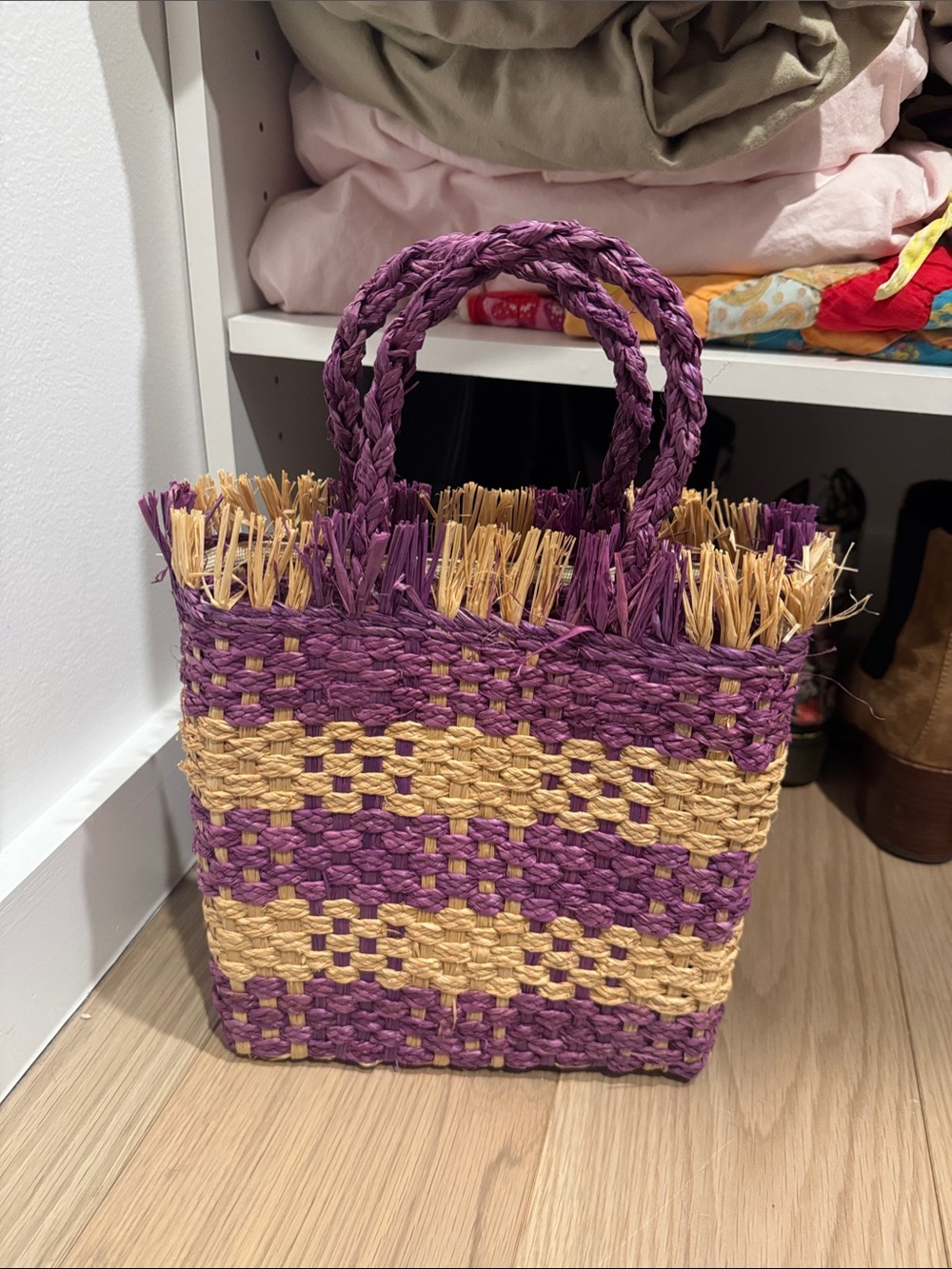 L Space Purple and Natural Straw Woven Tote Bag